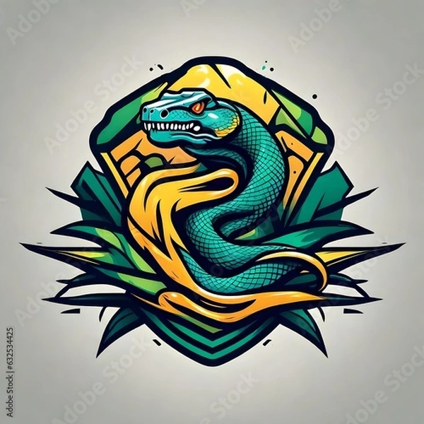 Fototapeta An abstract logo for a business or sports team featuring a caricature of a snake that is suitable for a t-shirt graphic.