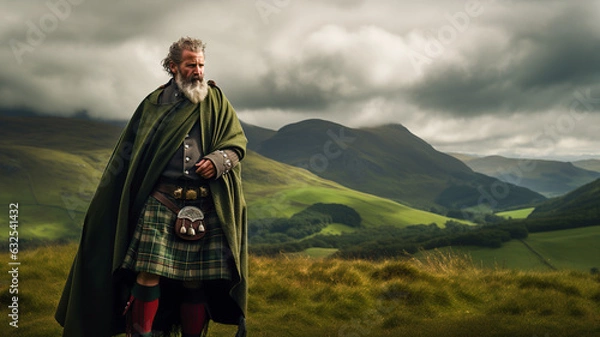 Fototapeta Portrait of a Scottish Highlander, clad in a traditional kilt and standing tall amidst rolling green hills