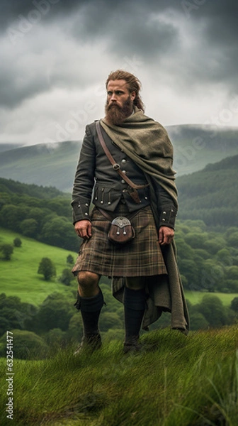 Fototapeta Portrait of a Scottish Highlander, clad in a traditional kilt and standing tall amidst rolling green hills