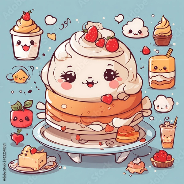 Fototapeta Cute dessert fruits and cream smile on dish Generative AI