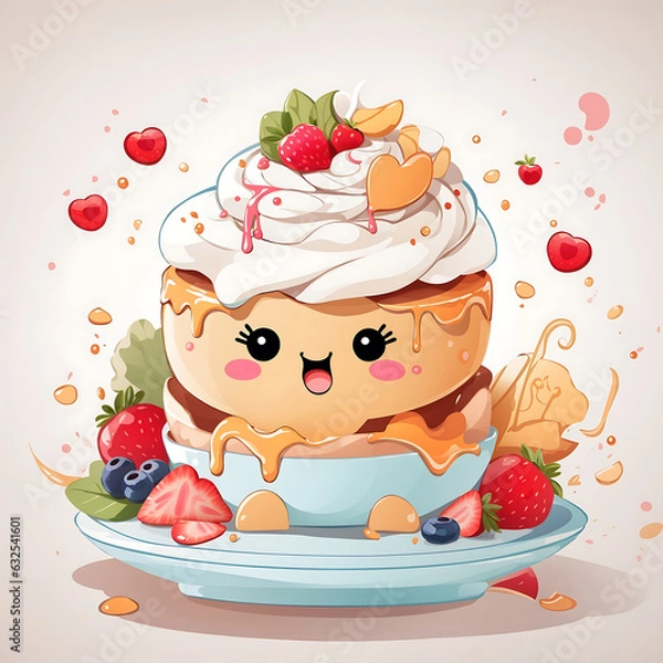 Fototapeta Cute dessert fruits and cream smile on dish Generative AI