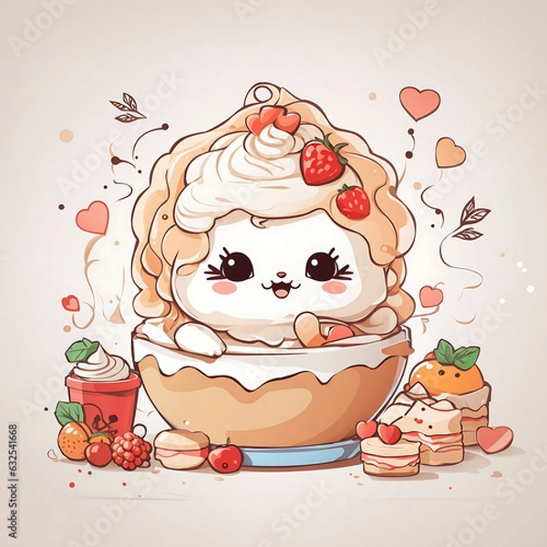 Fototapeta Cute dessert fruits and cream smile on dish Generative AI
