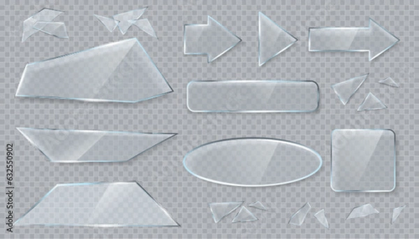 Obraz Vector transparent glass design elements for game and web. Arrows and objects.  Broken glass with sharp pieces