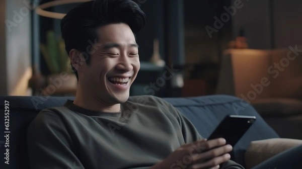 Obraz Generative AI : Adult people asia single LGBT gay man sitting at home sofa looking at dating game tinder app on mobile phone Relax smile choose lover enjoy playing right swipe to find love couple matc