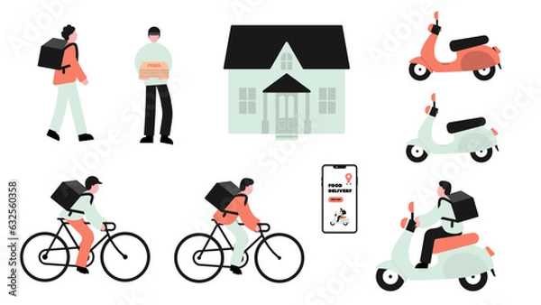 Obraz Food delivery characters illustration, food delivery driver, food delivery service.