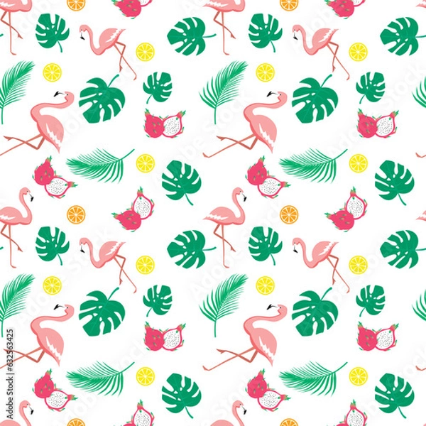 Obraz Tropical vector seamless pattern with flamingos and leaves