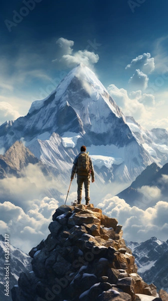 Obraz A breathtaking portrait of a hiker reaching a mountain peak, embodying the thrill of adventure, triumph, and the awe-inspiring beauty of conquering nature's heights.