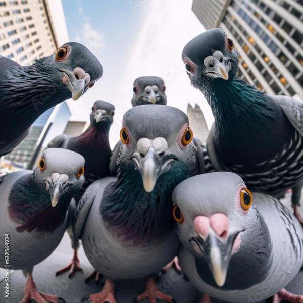 Fototapeta Pigeons take a selfie in the big city. Fun, meme and animal concept. Generative AI.