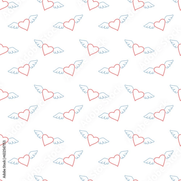 Fototapeta Seamless pattern with hearts and wings on the white background