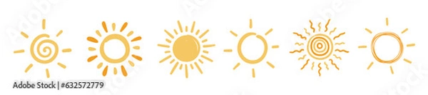 Fototapeta Cute doodle sun set. Set of illustrations in hand drawn style.