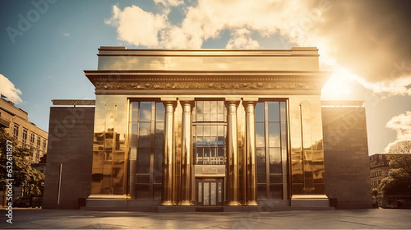 Fototapeta A bank building made of shiny gold, concept for institutional market trading, generative ai