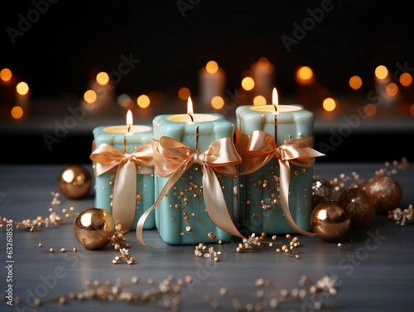 Fototapeta Turquoise burning candles with gold ribbons and and gold orbs stand on a light colored wooden stand on a dark background with blurred gold lights. Copy space.