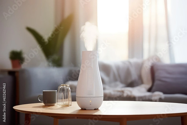 Fototapeta Humidifier on a table in a living room at home blurred background. White plastic humidifier with white steam jet in cozy interior design, commercial photo.