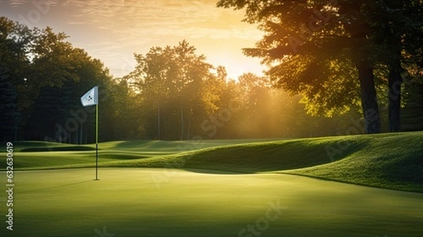 Obraz golf course green with flag sunrise generative AI