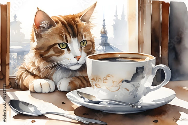 Fototapeta cat and coffee