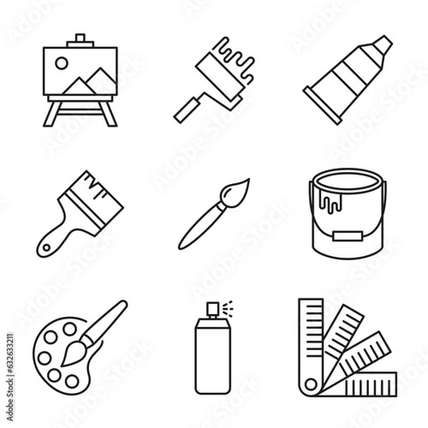 Obraz Vector set of icons related to drawing and brushes. Paint bucket symbol, palette, easel, paint roller in lineart style. Editable stroke.