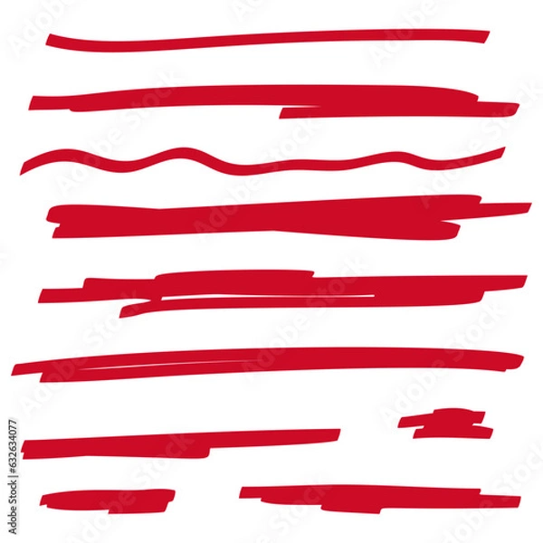 Obraz Red highlighter marker strokes. Vector brush pen underline lines.