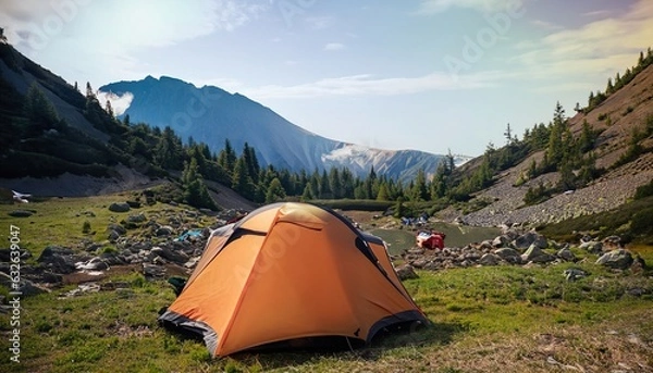 Fototapeta tent in the mountains, serene camping scene at dusk featuring a glowing tent set beside a tranquil lake, under a starry sky with misty mountains in the background