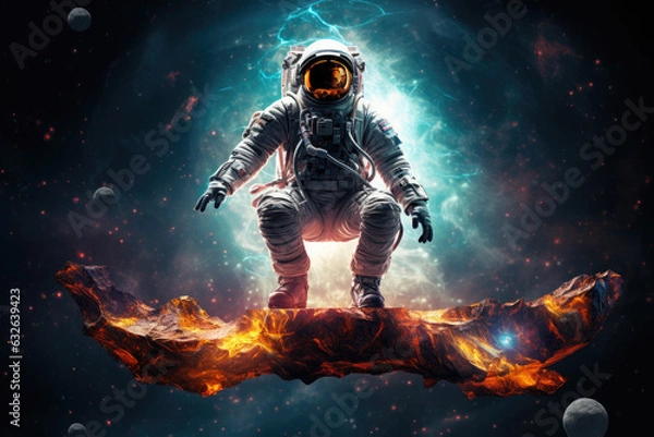 Fototapeta An astronaut in a colorful galaxy in space. Ai art. Pop art concept, gaming art concept, wallpaper.