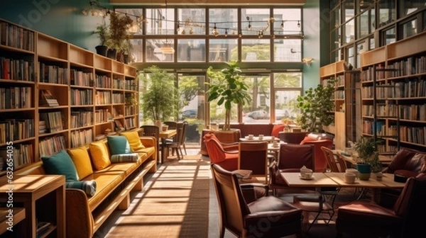 Obraz bright and inviting bookstore cafe with comfortable seating generative AI