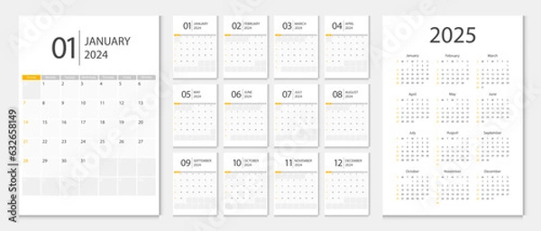 Obraz Calendar 2024, calendar 2025 week start Sunday corporate design template vector. Desk calendar 2024.