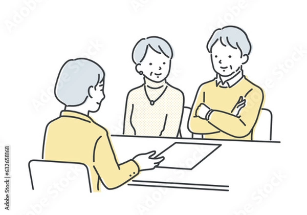 Obraz 担当者の説明を聞くシニア夫婦