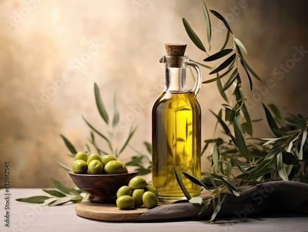 Obraz Bottle with oil and olives, extra virgin olive oil. useful oil for health.