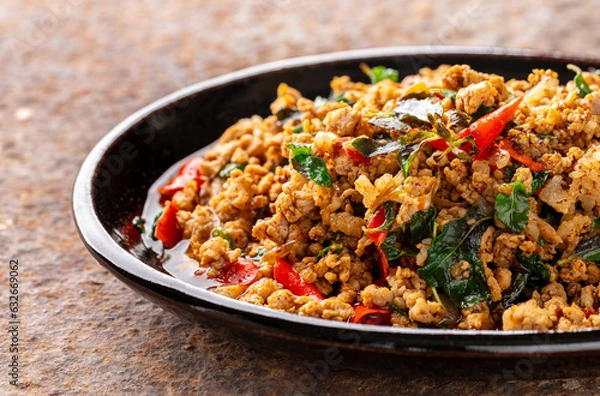 Obraz Stir Fried Holy Basil with Minced Pork, one of popular Thai food, Pad Gaprao Moo Sub, Pat Gra Prao Moo Sap, Pud Kaprao Mhoo Sab, Put Kra Prao Mhoo Sup , Phat Kaphrao Mooh Sub, Phad Krapow Mooh Sub