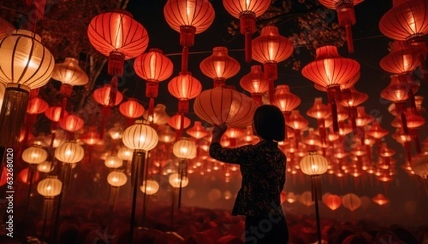 Obraz Photo of a woman surrounded by vibrant red lanterns the Lunar New Year
