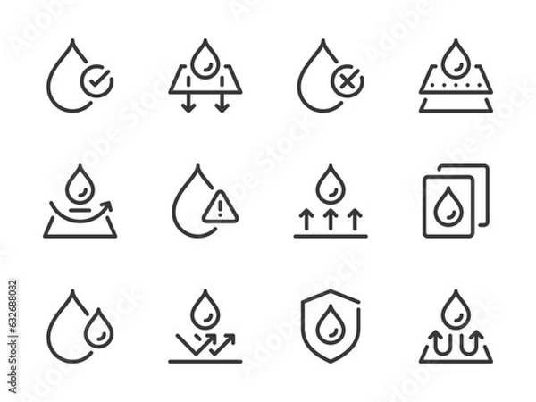 Fototapeta Water Drop and Liquid vector line icons. Droplet and Aqua outline icon set. Fabric Protection, Raindrop, Waterproof, Moisture Resistant and more.