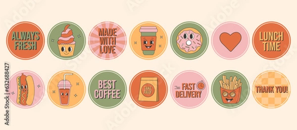 Obraz Retro groovy cartoon fast food sticker set. Labels and slogans for restaraunt, cafe and delivery.