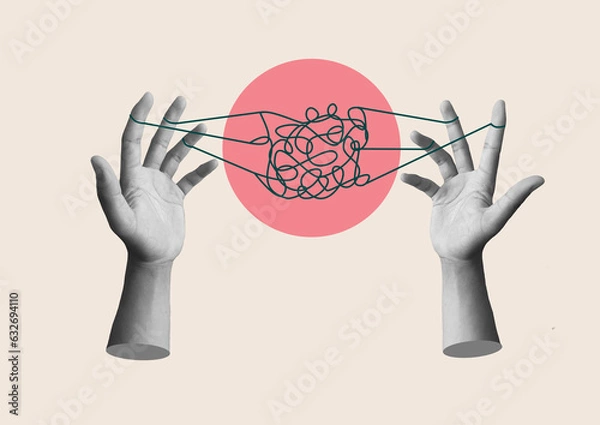 Fototapeta mental health, illness, brain development, medical treatment concept, hand-holding puppet strings with a thread of cog, art collage.