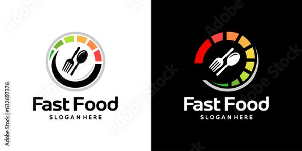 Fototapeta Fast food logo design template. Speed speedometer with fork spoon design graphic vector illustration. Symbol, icon, creative.