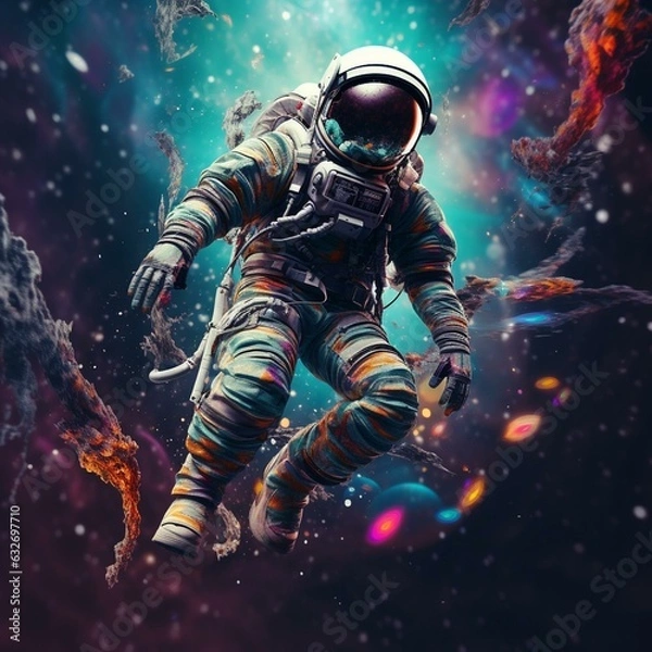 Fototapeta trippy astronaught floating through galaxy