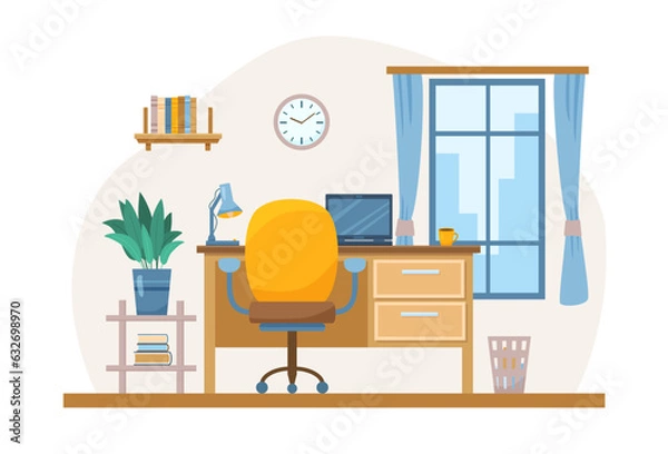 Fototapeta Flat Home Office room concept with computer on desk and chair. Interior items of modern midcentury design with window and books. Vector cartoon illustration with working place accessories and lamp