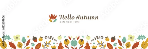 Fototapeta 秋の植物のバナー背景 シンプルな花や葉っぱの飾り枠イラスト