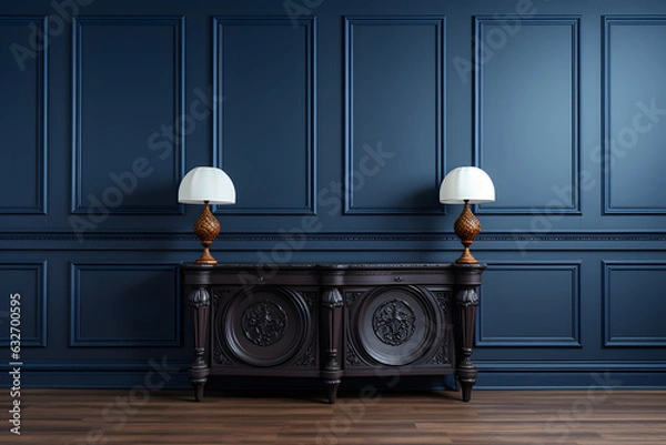 Fototapeta Carved console table against classic dark blue paneling wall with moldings ai generated