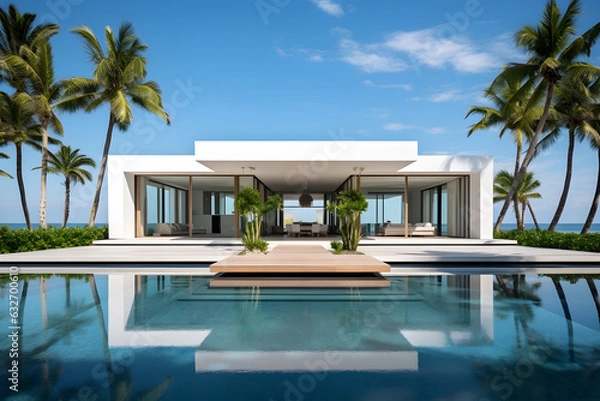 Fototapeta Exterior of amazing modern minimalist cubic villa with large swimming pool among palm trees ai generated