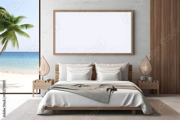 Fototapeta Coastal style interior design of modern bedroom with empty mock up poster frame ai generated