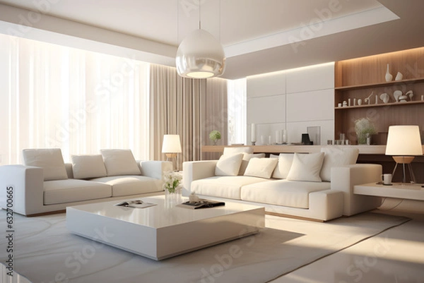 Fototapeta hyper realistic white color modern apartment drawing room with sofa set back side wall for abstarct big size painting, beautifule light effects ai generated