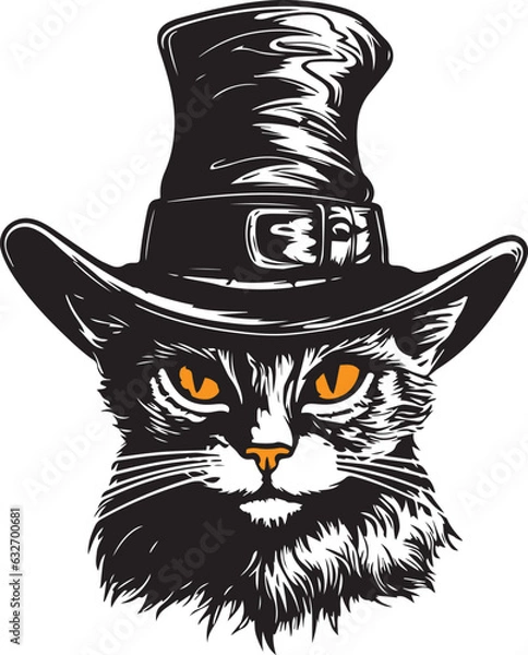 Fototapeta Halloween cat in a witch hat, Vintage cat head, halloween black cat Vector illustration, SVG