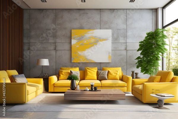 Fototapeta hyper realistic yellow color modern apartment drawing room with sofa set back side wall for abstarct big size painting, beautifule light effects ai generated