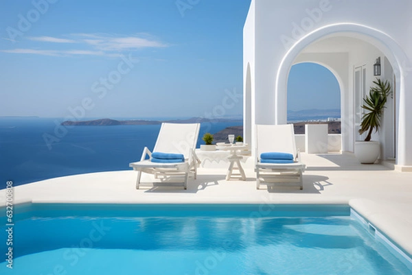 Fototapeta Two deck chairs on terrace with pool with stunning sea view. Traditional mediterranean white architecture with arch. Summer vacation concept ai generated