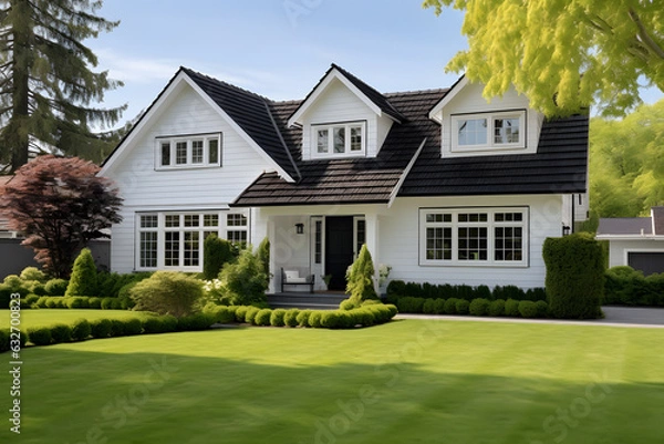 Fototapeta White family house with black pitched roof tiles, and beautiful front yard with green lawn ai generated