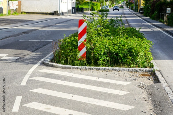 Obraz Greenery on the edge of street for forced speed reduction in the city with vertical warning sign