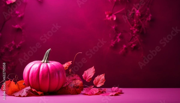 Fototapeta Thanksgiving and Halloween background with pink and magenta pumpkins and fallen leaves in autumn. Generative AI.