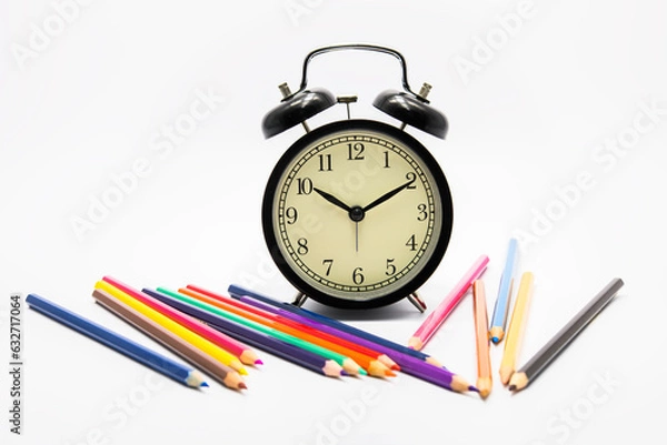 Fototapeta alarm clock with color pencils on yellow background
