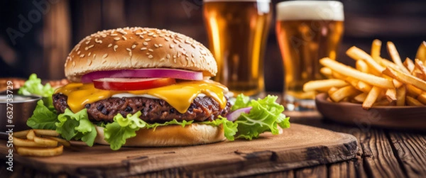 Fototapeta Big tasty burger and fries with beer on background on the wooden table