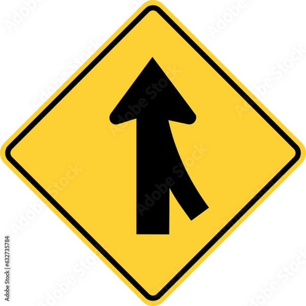 Fototapeta Vector graphic of a usa merge ahead highway sign. It consists of two black arrows merging vertically within a black and yellow square tilted to 45 degrees