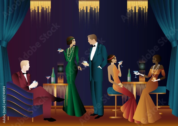 Obraz People in a restaurant in the style of the early 20th century. Retro party invitation card. art deco style. vector illustration.